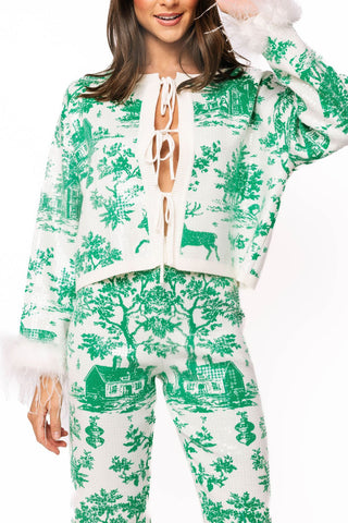 QOS Green & White Christmas Twall Feather Sleeve Sweater - Boutique Bella BellaQueen of Sparkles