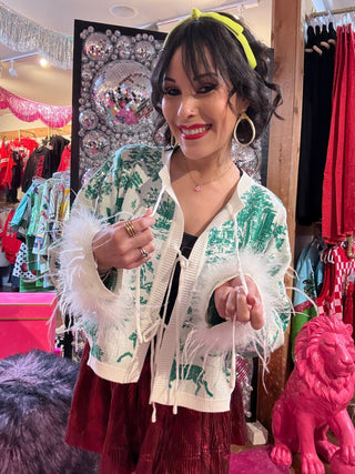 QOS Green & White Christmas Twall Feather Sleeve Sweater - Boutique Bella BellaQueen of Sparkles