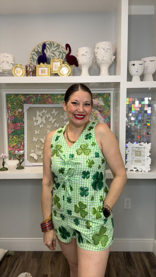 QOS Green & White Plaid Rhinestone Shamrock Tie Romper - Boutique Bella BellaRomper