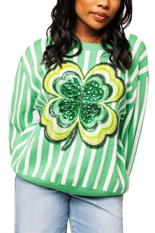 QOS Green & White Stripe Shamrock Sweater - Boutique Bella BellaQueen of Sparkles