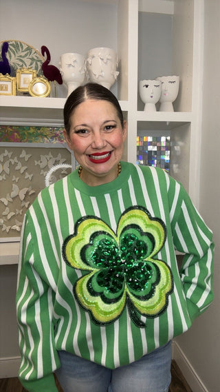 QOS Green & White Stripe Shamrock Sweater - Boutique Bella BellaQueen of Sparkles