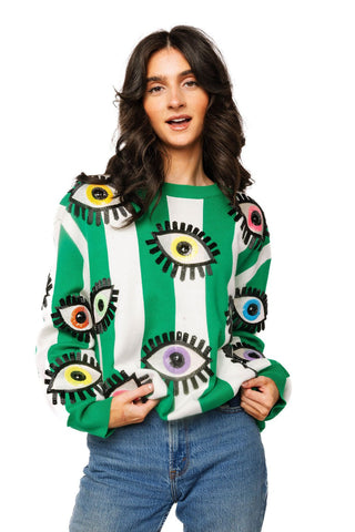 QOS Green & White Striped Multi Eye Sweater - Boutique Bella BellaQueen of Sparkles