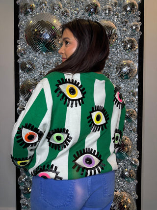 QOS Green & White Striped Multi Eye Sweater - Boutique Bella BellaQueen of Sparkles