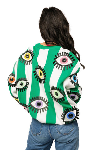 QOS Green & White Striped Multi Eye Sweater - Boutique Bella BellaQueen of Sparkles