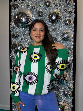 QOS Green & White Striped Multi Eye Sweater - Boutique Bella BellaQueen of Sparkles