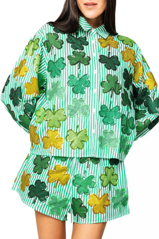QOS Green & White Striped Rhinestone Shamrock Button Up Long Sleeve Top - Boutique Bella BellaQueen of Sparkles