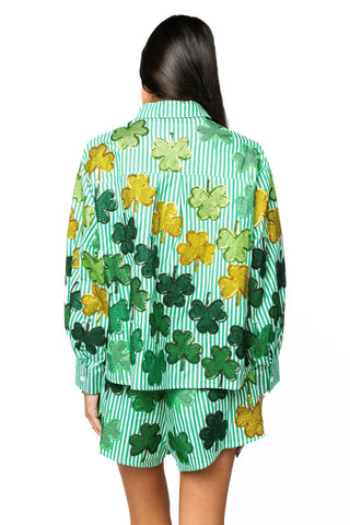 QOS Green & White Striped Rhinestone Shamrock Button Up Long Sleeve Top - Boutique Bella BellaQueen of Sparkles