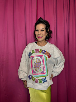 QOS Grey 'Mahjong Queen' QOS Card Tile Sweatshirt - Boutique Bella BellaQueen of Sparkles