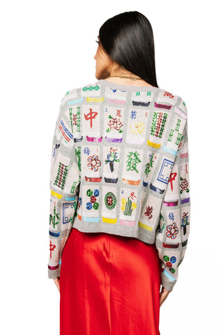 QOS Grey Mahjong Tile Tie Up Knit Sweater - Boutique Bella BellaQueen of Sparkles