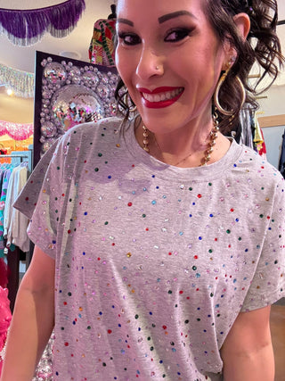 QOS Grey Multi Rhinestone Tee - Boutique Bella BellaQueen of Sparkles