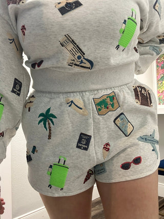 QOS Grey Multi Travel Icon Shorts - Boutique Bella BellaSHORTS