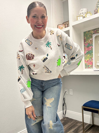 QOS Grey Multi Travel Icon Sweatshirt - Boutique Bella BellaSweatshirt