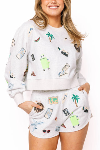 QOS Grey Multi Travel Icon Sweatshirt - Boutique Bella BellaSweatshirt
