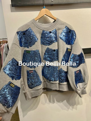 QOS-Grey Queen Of Denim Shorts Sweatshirt - Boutique Bella BellaQueen of Sparkles