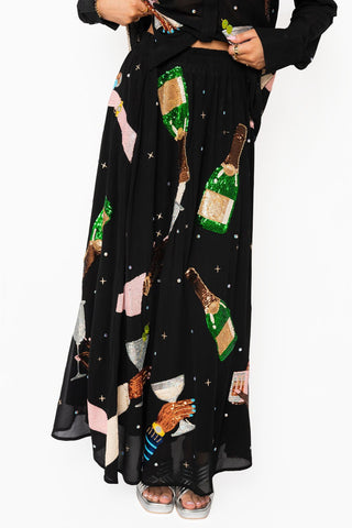 QOS Hands Holding Cocktail Glasses Midi Skirt - Boutique Bella BellaBottoms