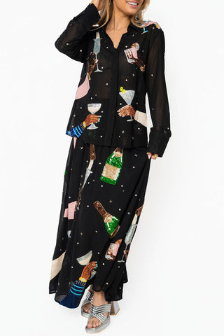 QOS Hands Holding Cocktail Glasses Midi Skirt - Boutique Bella BellaBottoms