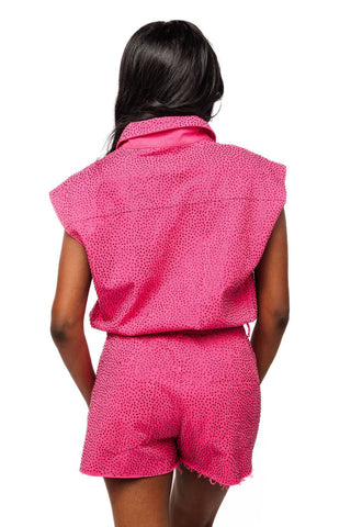 QOS Hot Pink Rhinestone Button Up Romper - Boutique Bella BellaQueen of Sparkles