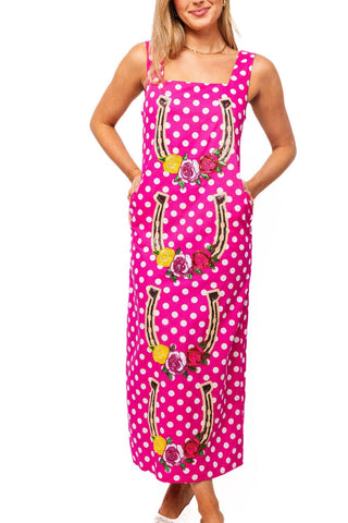 QOS Hot Pink & White Polka Dot Rose Horseshoe Cotton Midi Dress - Boutique Bella BellaQueen of Sparkles