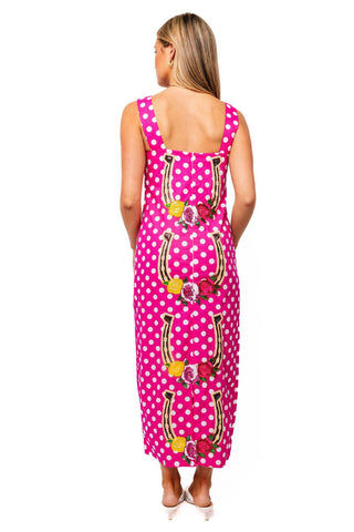QOS Hot Pink & White Polka Dot Rose Horseshoe Cotton Midi Dress L
