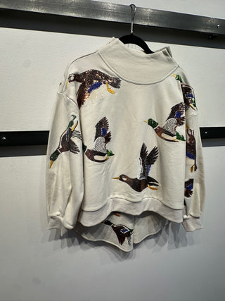 QOS Ivory Flying Ducks Mock Neck Sweatshirt - Boutique Bella BellaQueen of Sparkles