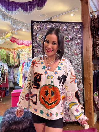 QOS Ivory Halloween Icon Button Up Cardigan - Boutique Bella BellaQueen of Sparkles
