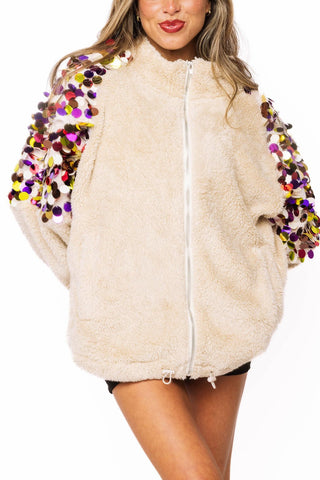 QOS Ivory Multi Paillette Zip Up Fleece - Boutique Bella BellaQueen of Sparkles