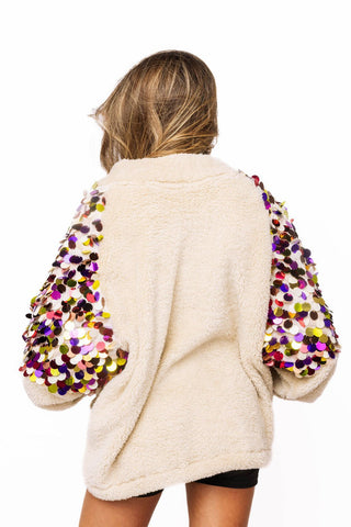 QOS Ivory Multi Paillette Zip Up Fleece - Boutique Bella BellaQueen of Sparkles
