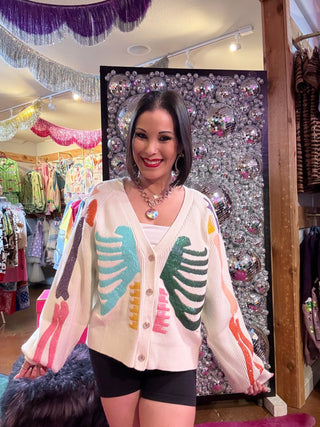 QOS Ivory Multi Skeleton Button Up Cardigan - Boutique Bella BellaQueen of Sparkles
