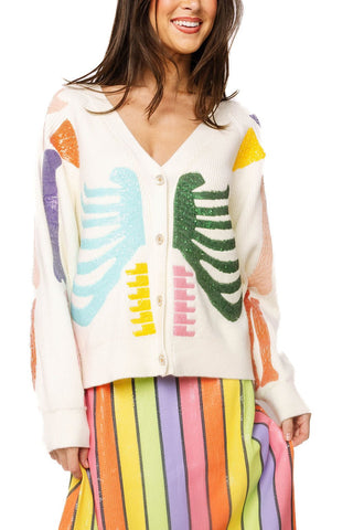 QOS Ivory Multi Skeleton Button Up Cardigan - Boutique Bella BellaQueen of Sparkles