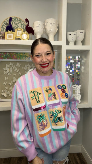 QOS Lavender, Blue & Pink Stripe Mahjong Tile Sweater - Boutique Bella BellaQueen of Sparkles