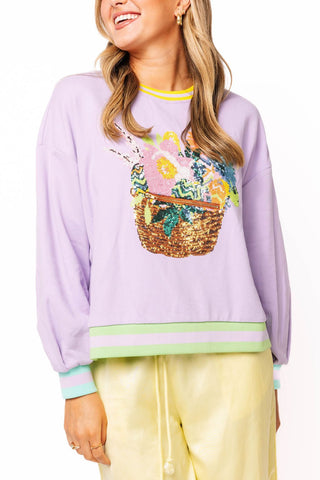 QOS Lavender Easter Egg & Flower Basket Sweatshirt - Boutique Bella BellaQueen of Sparkles