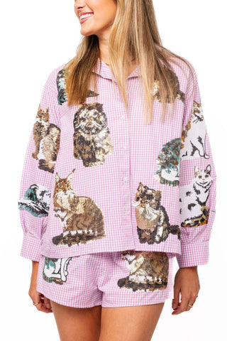 QOS Lavender Gingham Queen of Cats Button Up Long Sleeve Top - Boutique Bella BellaQueen of Sparkles