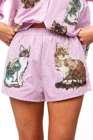 QOS Lavender Gingham Queen of Cats Short - Boutique Bella BellaQueen of Sparkles