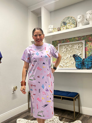 QOS Lavender Multi Crayon Scribble Midi Tee Dress - Boutique Bella BellaQueen of Sparkles