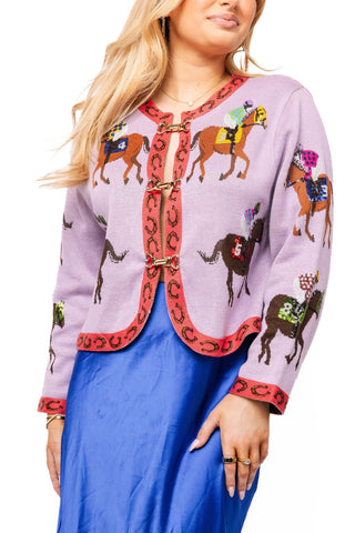 QOS Lavender & Pink Jockey and Horse Button Up Cardigan - Boutique Bella BellaQueen of Sparkles