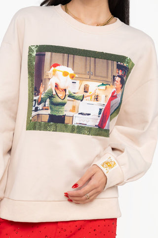 QOS Licensed Beige Monica Turkey Head Sweatshirt - Boutique Bella BellaQueen of Sparkles