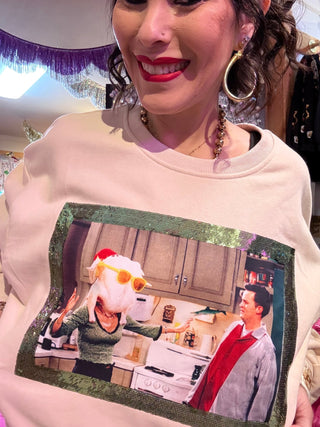 QOS Licensed Beige Monica Turkey Head Sweatshirt - Boutique Bella BellaQueen of Sparkles