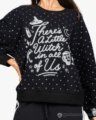 QOS Licensed Black Scattered Rhinestone 'There's a Little Witch In All Of Us' Sweatshirt - Boutique Bella BellaQueen of Sparkles