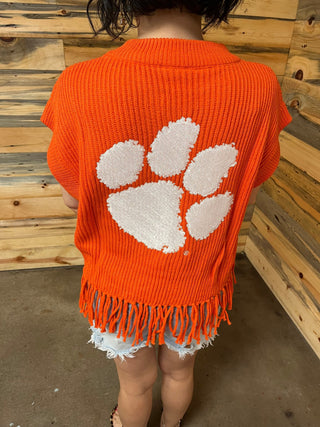 QOS - Licensed - Clemson Orange & Purple 'Tigers' Fringe Sweater Vest - Boutique Bella BellaQueen of Sparkles