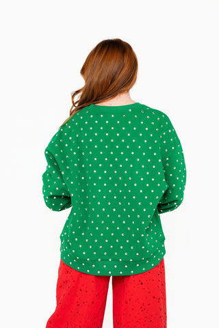QOS Licensed Green Buddy Candy Spaghetti Screenprint Scattered Rhinestone Sweatshirt - Boutique Bella BellaTops