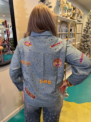 QOS Licensed LSU Denim Multi Rhinestone Scattered Logo Button Up Long Sleeve Top - Boutique Bella BellaQueen of Sparkles