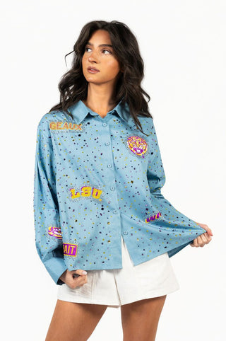 QOS Licensed LSU Denim Multi Rhinestone Scattered Logo Button Up Long Sleeve Top - Boutique Bella BellaQueen of Sparkles