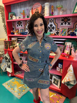 QOS Licensed LSU Denim Multi Rhinestone Scattered Logo Tie Romper - Boutique Bella BellaQueen of Sparkles