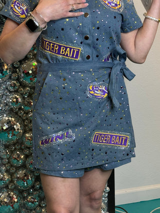 QOS Licensed LSU Denim Multi Rhinestone Scattered Logo Tie Romper - Boutique Bella BellaQueen of Sparkles