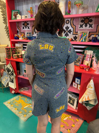 QOS Licensed LSU Denim Multi Rhinestone Scattered Logo Tie Romper - Boutique Bella BellaQueen of Sparkles