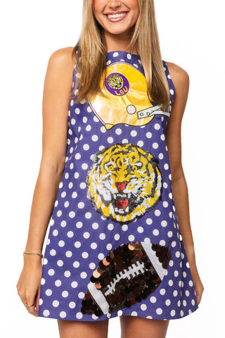 QOS Licensed LSU Football & Helmet Icon Polka Dot Tank Dress - Boutique Bella BellaQueen of Sparkles