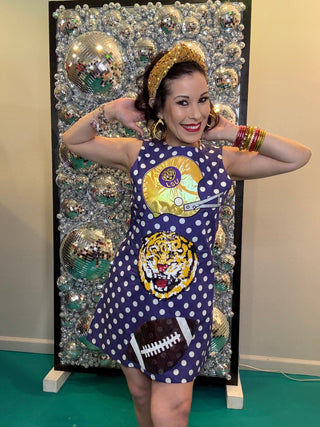 QOS Licensed LSU Football & Helmet Icon Polka Dot Tank Dress - Boutique Bella BellaQueen of Sparkles