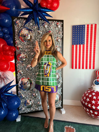 QOS Licensed LSU Full Sequin Football Field Tank Dress - Boutique Bella Bella