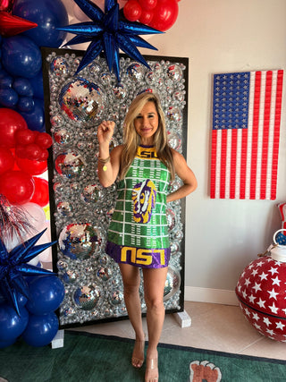 QOS Licensed LSU Full Sequin Football Field Tank Dress - Boutique Bella Bella