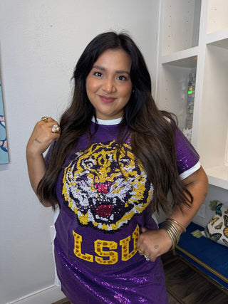 QOS Licensed LSU Full Sequin Mascot Tee Dress - Boutique Bella BellaQueen of Sparkles